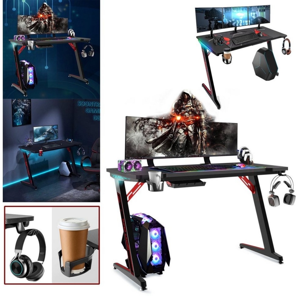 AUFUN Gamingtisch Computertisch Elite Gamer-Schreibtisch Z-Form Tisch (120/140cm), Schreibtisch mit RGB-Led Beleuchtung, Kopfhörerhaken, Getränkehalter Bild 1