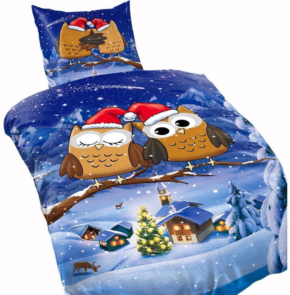 Leonado Vicenti Bettwäsche 4 tlg Winter Thermofleece Bettwäsche Microfaser Mikrofaser 135x200 cm Thermo Fleece Flausch Winterlandschaft Schnee weich kuschelig warm Weihnachten Edeltraud Eule Blau, Fleece, 4 teilig Bild 1