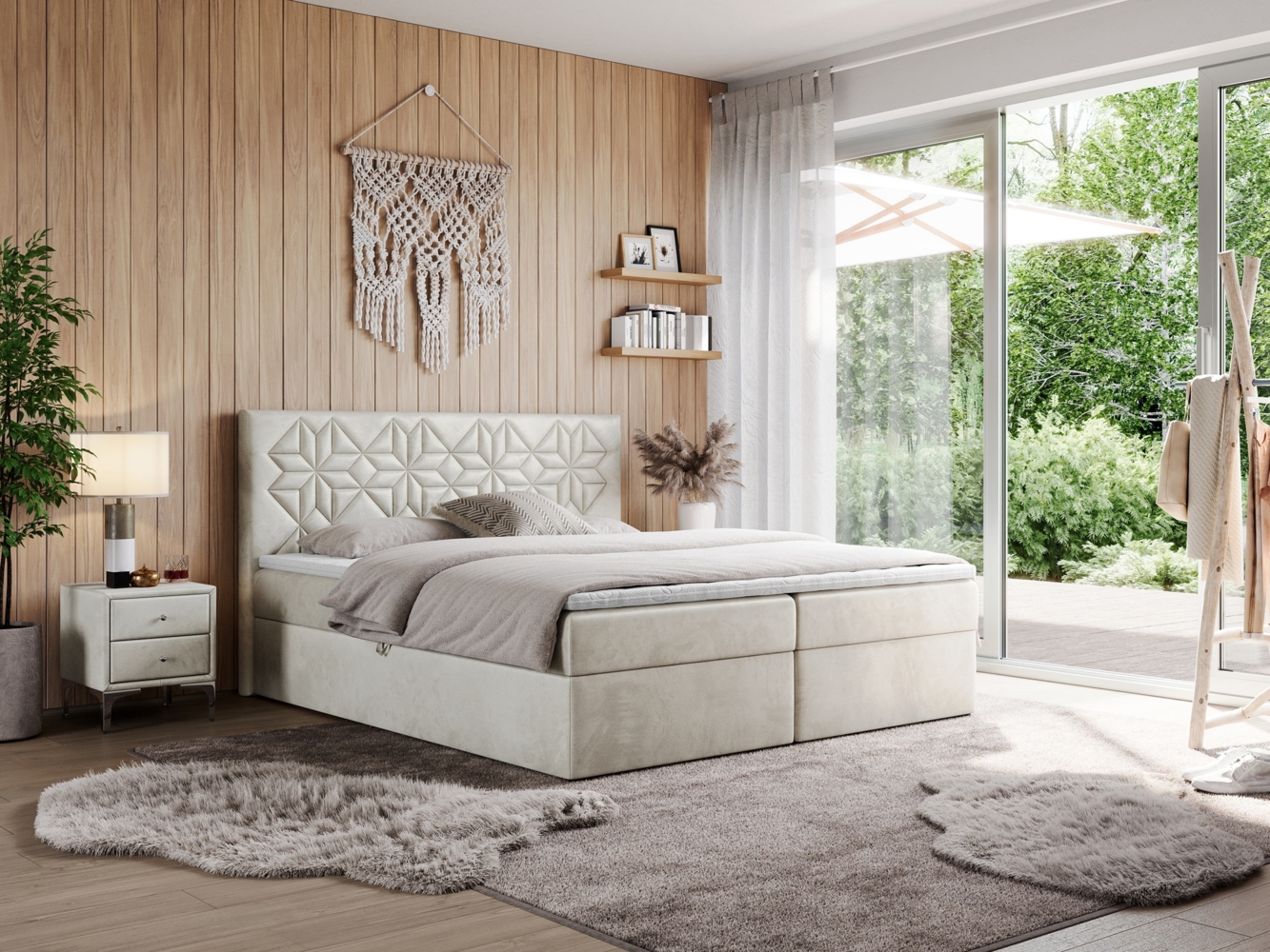 Boxspringbett, Doppelbett mit Multipocket-Matratzen und Topper, dekoratives Kopfteil - LEILA - 120 x 200 cm - Beige Velours - H3 Bild 1