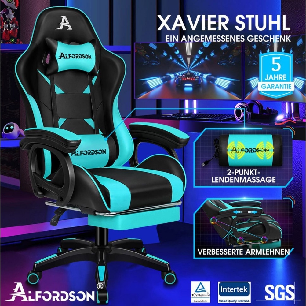 ALFORDSON Gaming-Stuhl mit Massage, verstellbar, PU-Leder, Grün und Schwarz Bild 1