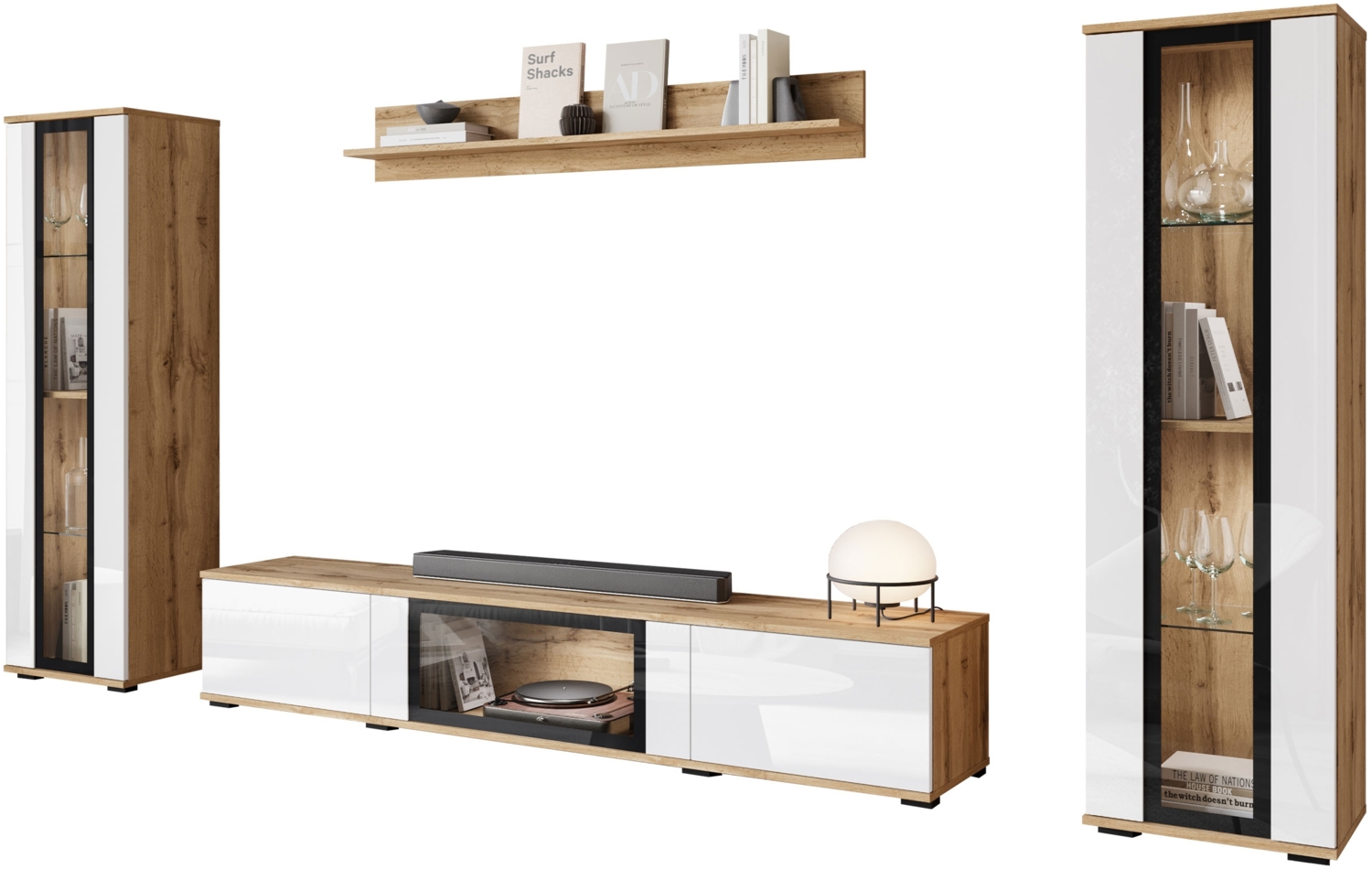 Wohnwand Clarkoy I (Farbe: Wotan / Weiß Hochglanz, mit weißer LED Beleuchtung) Bild 1
