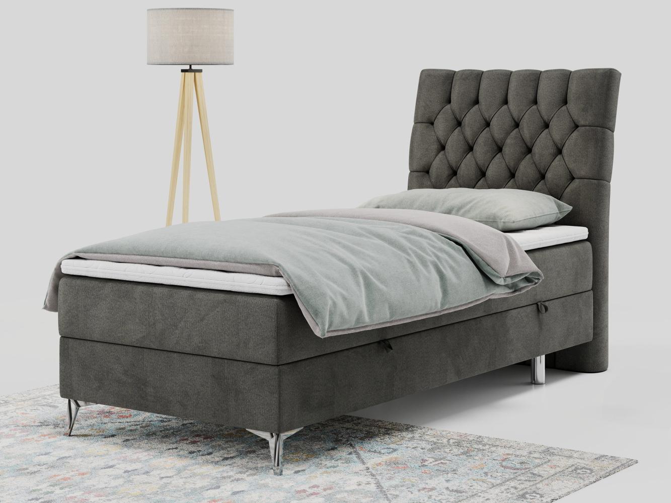 Boxspringbett MILEN, Einzelbett 90x200, Polsterbett mit Multipocket-Matratze und Topper - Dunkelgrau velours - rechts - H4 Bild 1