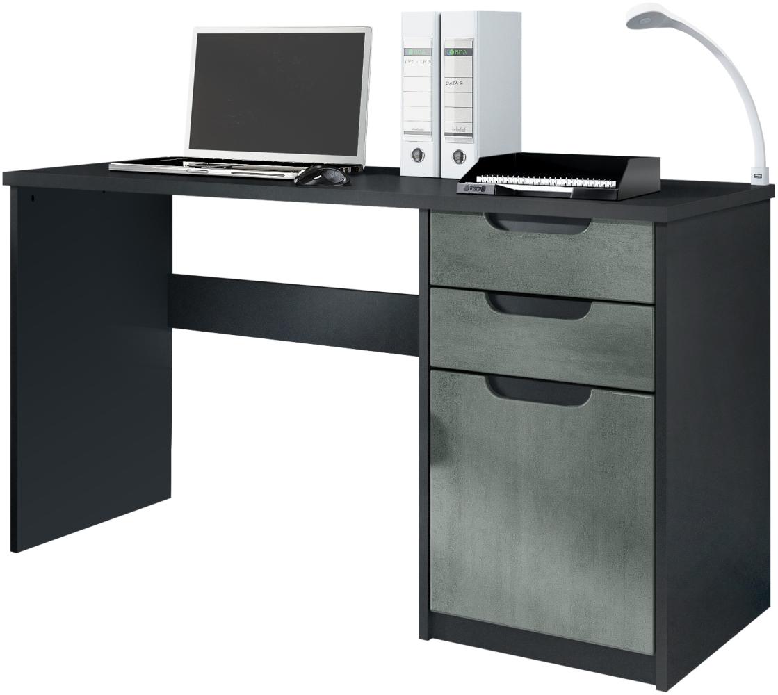 Vladon Schreibtisch Logan, Bürotisch mit 2 Schubladen und 1 Tür, Schwarz matt/Beton Dunkel Optik (129 x 76 x 60 cm) Bild 1