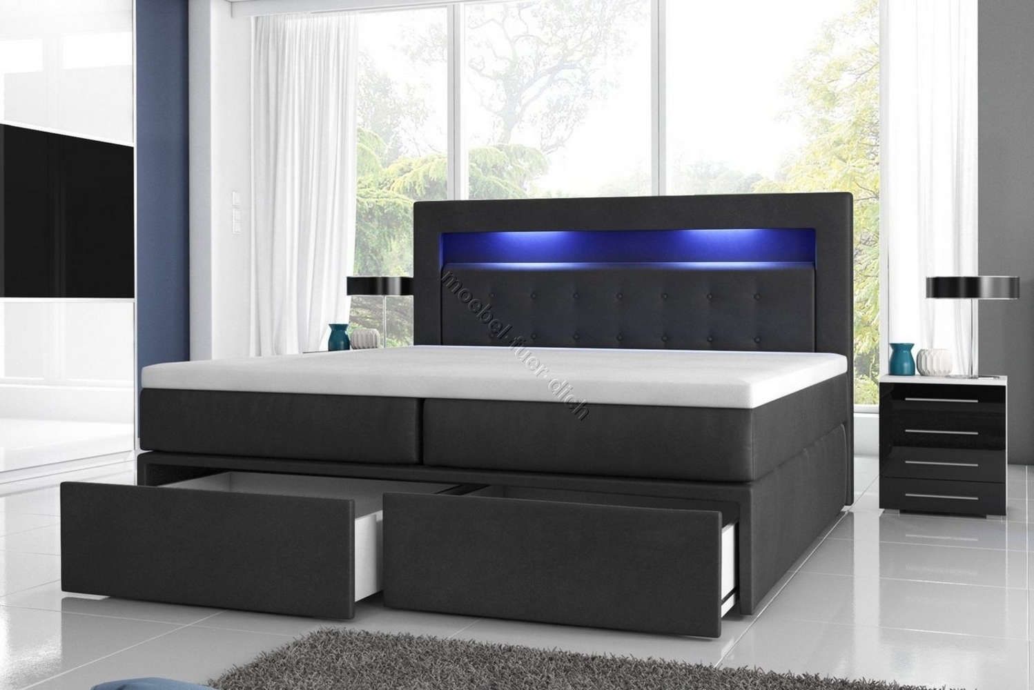 Möbel für Dich Boxspringbett Milano2 mit Taschenfederkern, 7 cm Visco Topper und Schubladen vorne, LED-Licht im Kopfteil, Bezug aus Kunstleder Bild 1