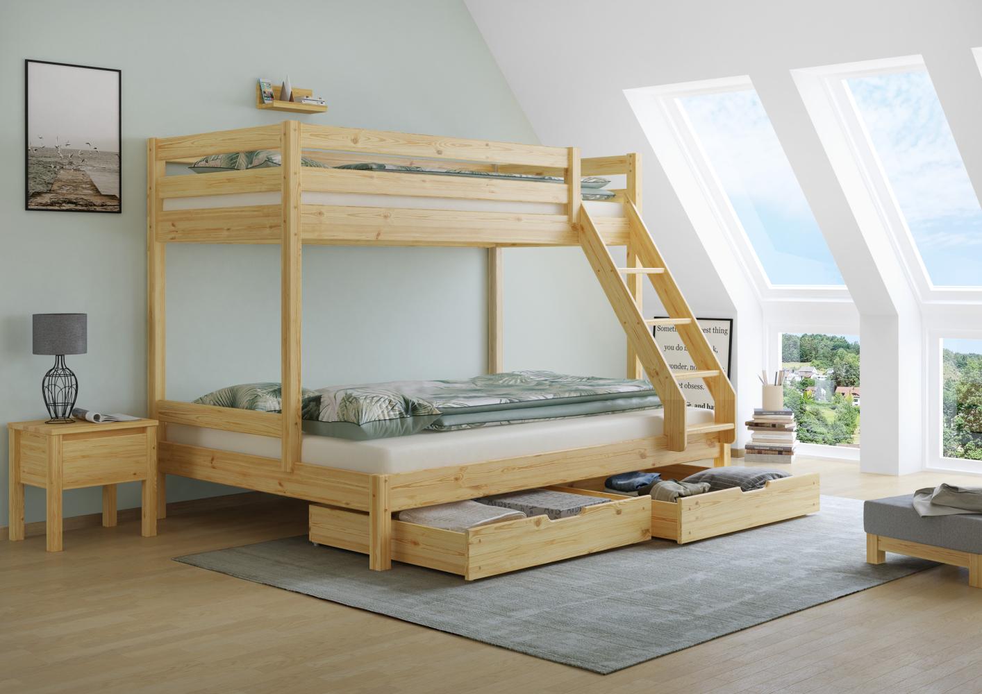 Doppel-Etagenbett 140x200 und 90x200 Erwachsenen-Stockbett Kiefer Massivholz natur V-60.18-09-14Rollrost und Doppelbettkasten inkl. Bild 1