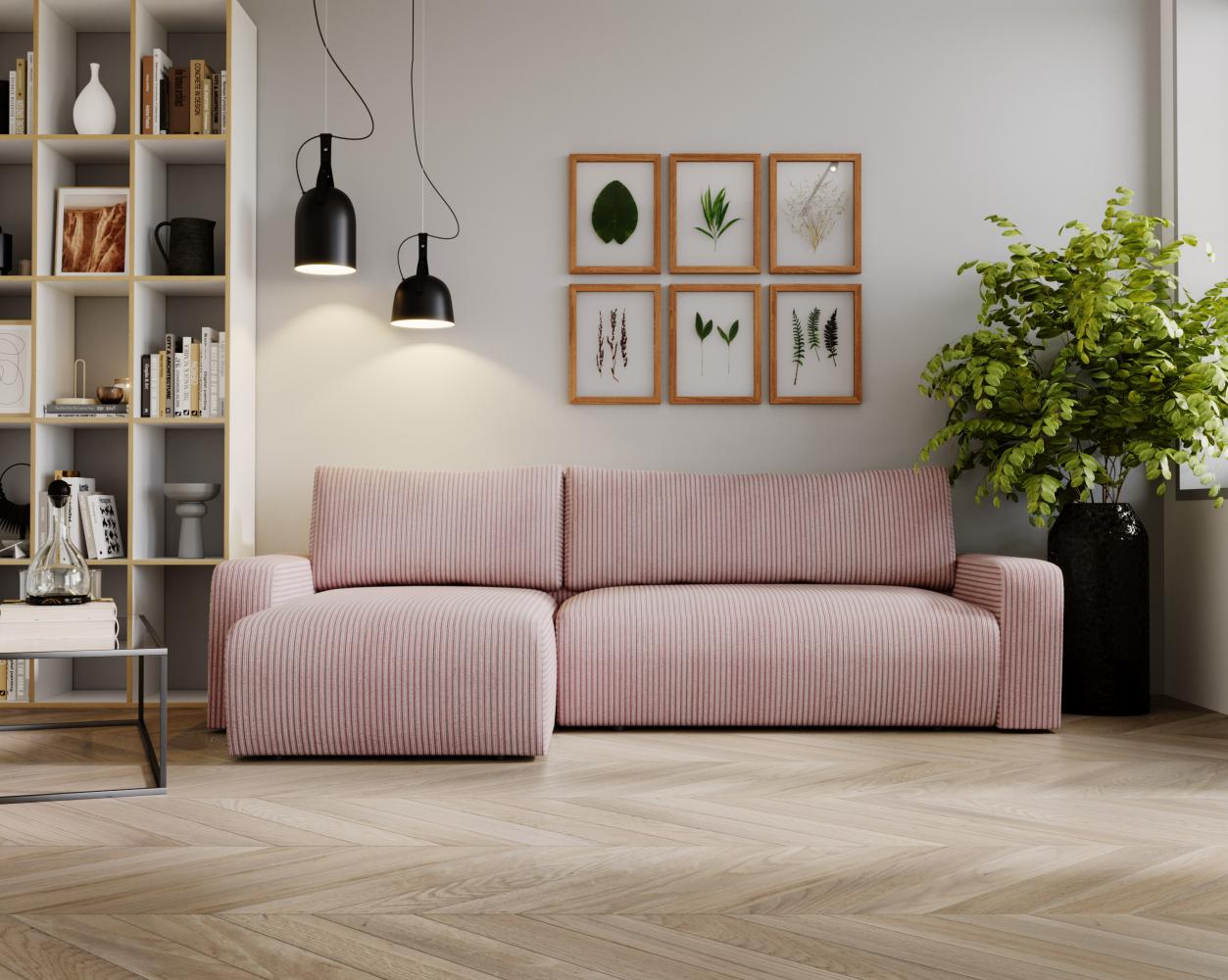 Ecksofa L-form, mit Schlaffunktion und Bettkasten - ARGOS - Rosa Cord Bild 1