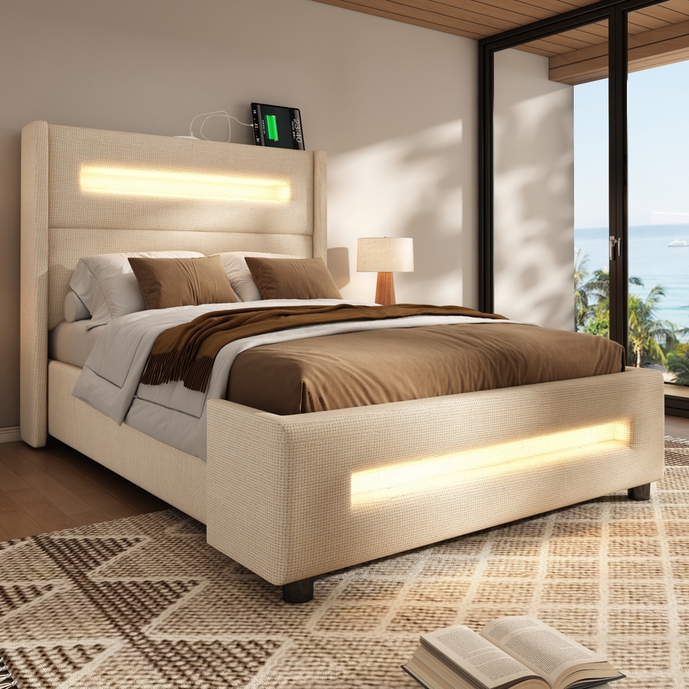 Polsterbett 90x200 cm mit Stauraum und LED-Beleuchtung, Leinenbezug in Beige, mit USB- und Type-C-Anschlüssen Bild 1