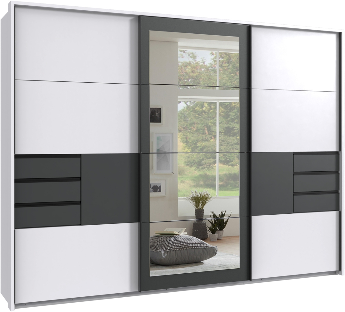 Schwebetürenschrank Kleiderschrank 273 cm Passepartout Schubladen Spiegel Weiß Grafit Bild 1