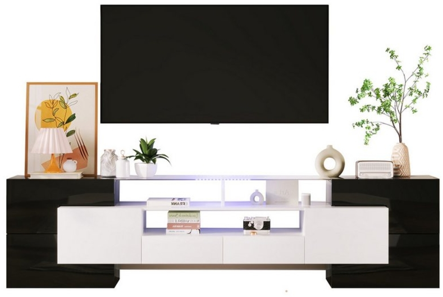 REDOM TV-Schrank TV Schrank Lowboard Fernsehschrank Entertainment Center Stand Ständer (200*60.7*30 cm Hochglanz mit zwei großzügigen Schubladen, 1-St, TV-Lowboard aus Spanplatte mit 2 Glas Einlegeböden) Wohnzimmer Modern mit mehrfarbige LED-Beleuchtung Bild 1