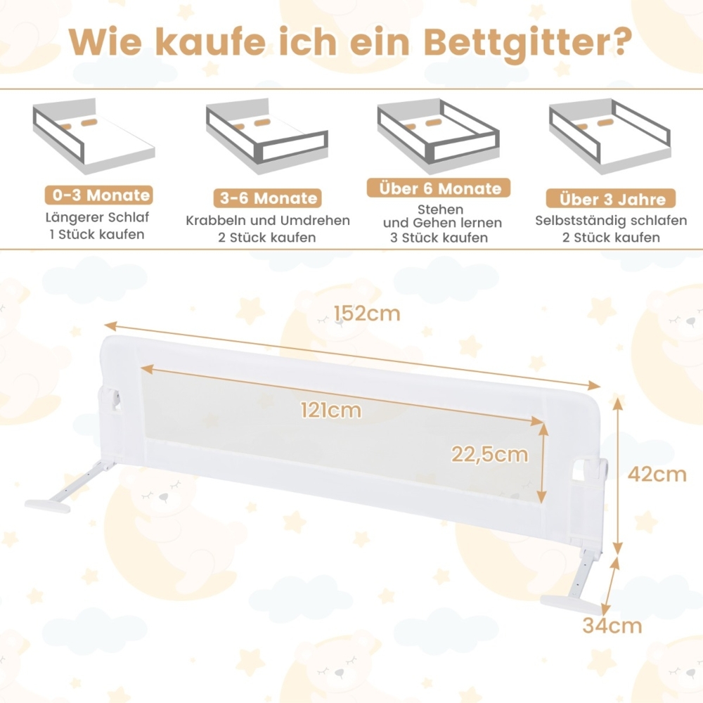 Klappbares Sicherheitsgitter für Kinderbetten mit Verstellbaren Riemen 150x40,5x42 cm Weiß Bild 1