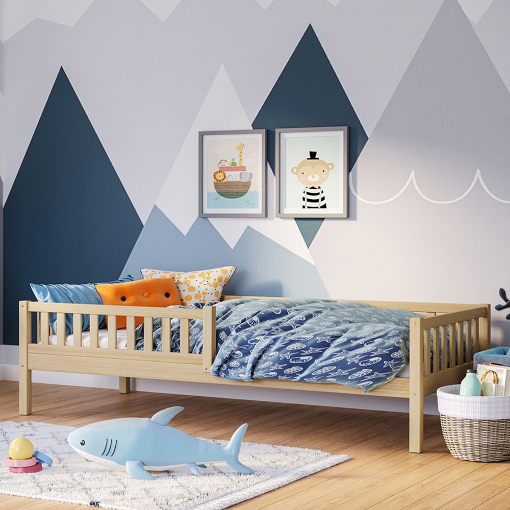 Bellabino 'Vils' Kinderbett 90x200 cm, natur, Kiefer Massivholz, Montessori Bett mit Lattenrost und mit abnehmbarem Rausfallschutz Bild 1