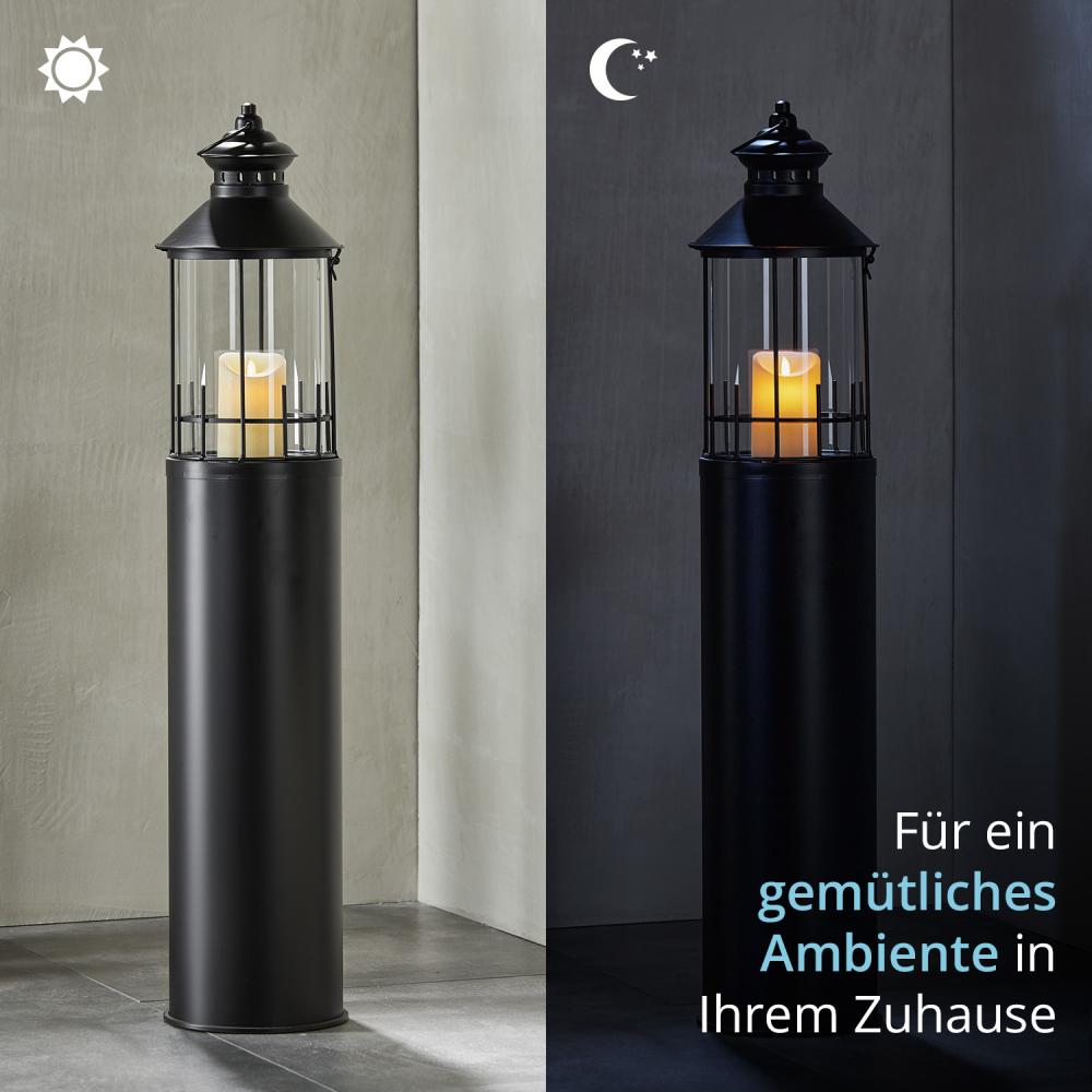 KHG Laterne Leuchtturm 99 cm mit LED-Kerze aus Metall/Glas in schwarz, Kerzenständer, Kerzenhalter, Outdoor und Indoor, Deko, Glaseinsatz, für Wohnzimmer, Balkon, Terrasse, Garten usw. Bild 1