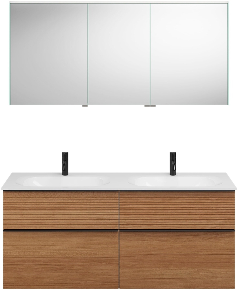 Burgbad FIUMO Waschtisch Set mit Spiegelschrank 142 cm breit, Braun, Doppelwaschbecken Gussmarmor Weiß, 4 Schubladen, Anschlag links Bild 1