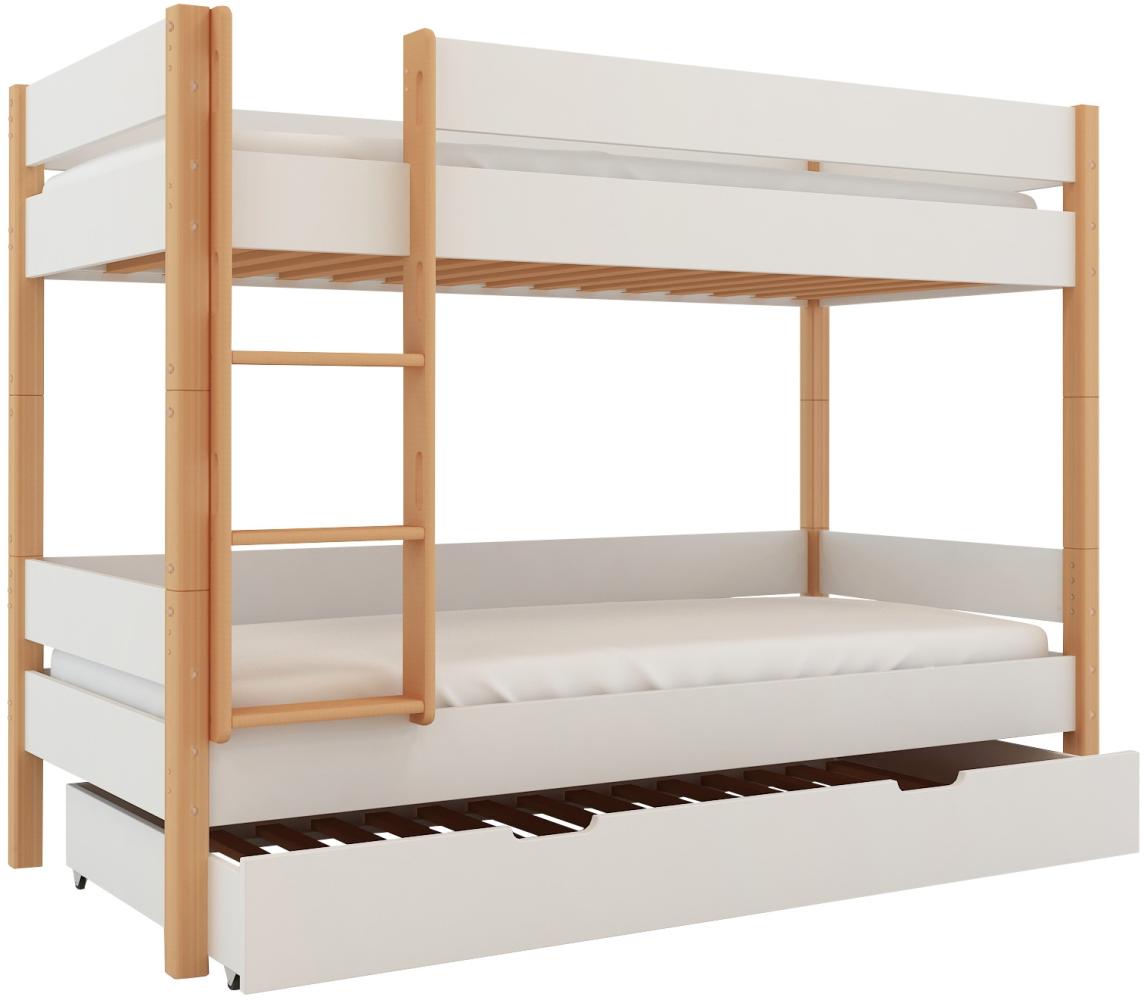 Polini-Kids 'Lollipop' Etagenbett mit Zusatzbett-Bettkasten, massives Buchenholz weiß, 90x200 cm Bild 1