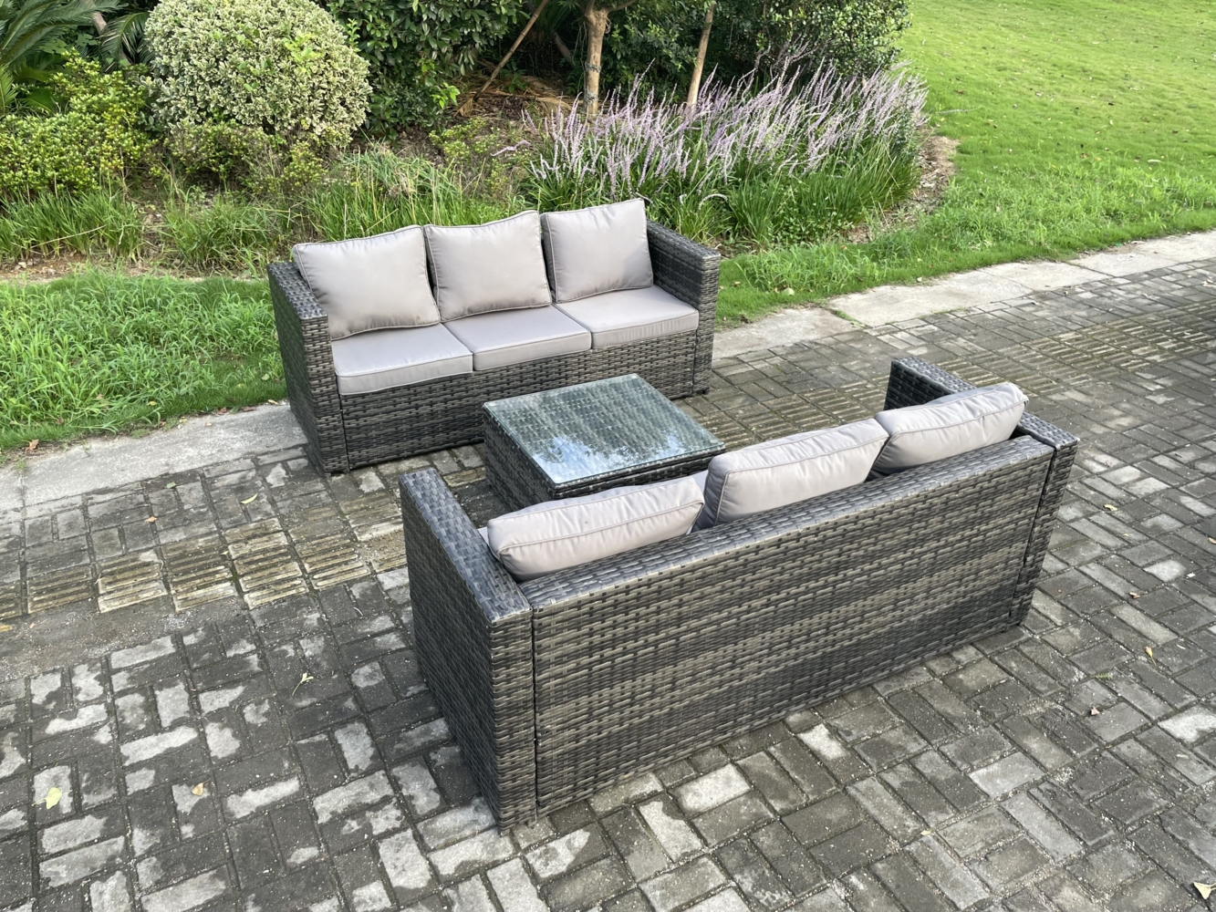 Fimous Wicker Rattan Gartenmöbel Sofa Set mit quadratischem Couchtisch 6-Sitzer Outdoor Rattan Set Dunkelgrau Gemischt Bild 1