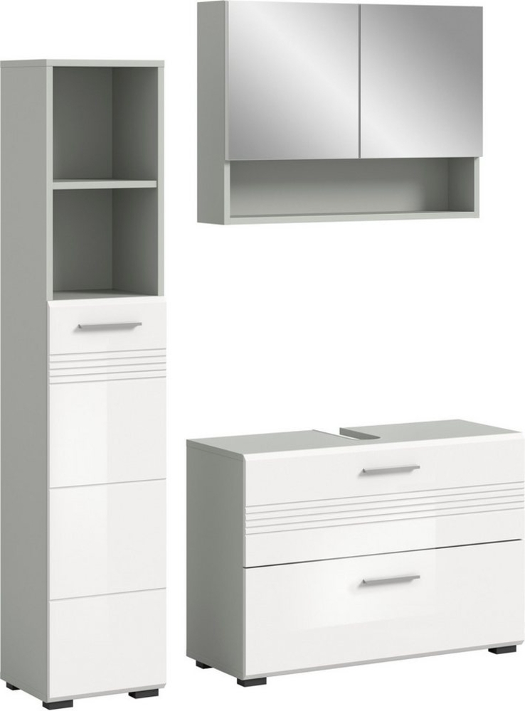 welltime Badmöbel-Set Calicio, bestehend aus:Waschbeckenunterschrank,Hoch-und Spiegelschrank, (3-St), Spiegelschrank, hochwertige MDF Front mit Rillenfräsung Bild 1