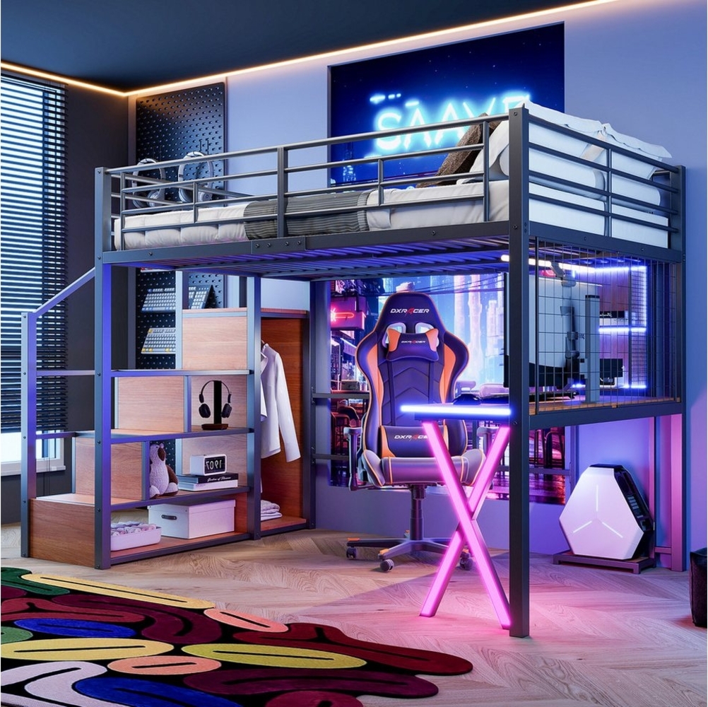 Flieks Hochbett LED Metallbett 140x200 mit Schreibtisch Kleiderschrank Stauraumtreppe Bild 1