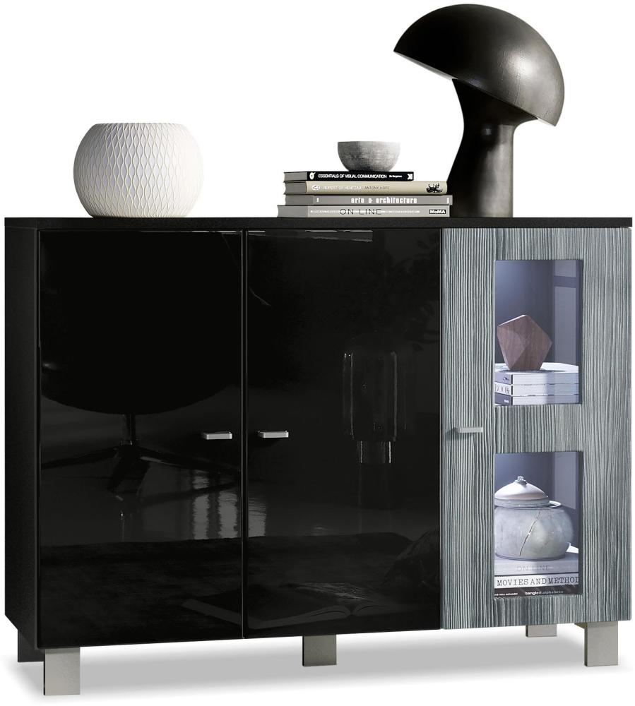 Vladon Sideboard Denjo, Kommode mit 3 Türen, Schwarz matt/Schwarz Hochglanz/Avola-Anthrazit, inkl. LED-Beleuchtung (107 x 81 x 35 cm) Bild 1