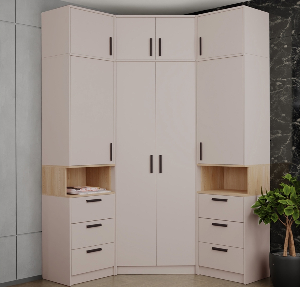 Marmex Möbel Grant 14C Ein Schrank-Set, zwei Büchrregale, Eckkleiderschrank, Schlafzimmer-Set, laminierte Spanplatte, graubeige cashmere+cremona torro, 143x235x143 cm Bild 1