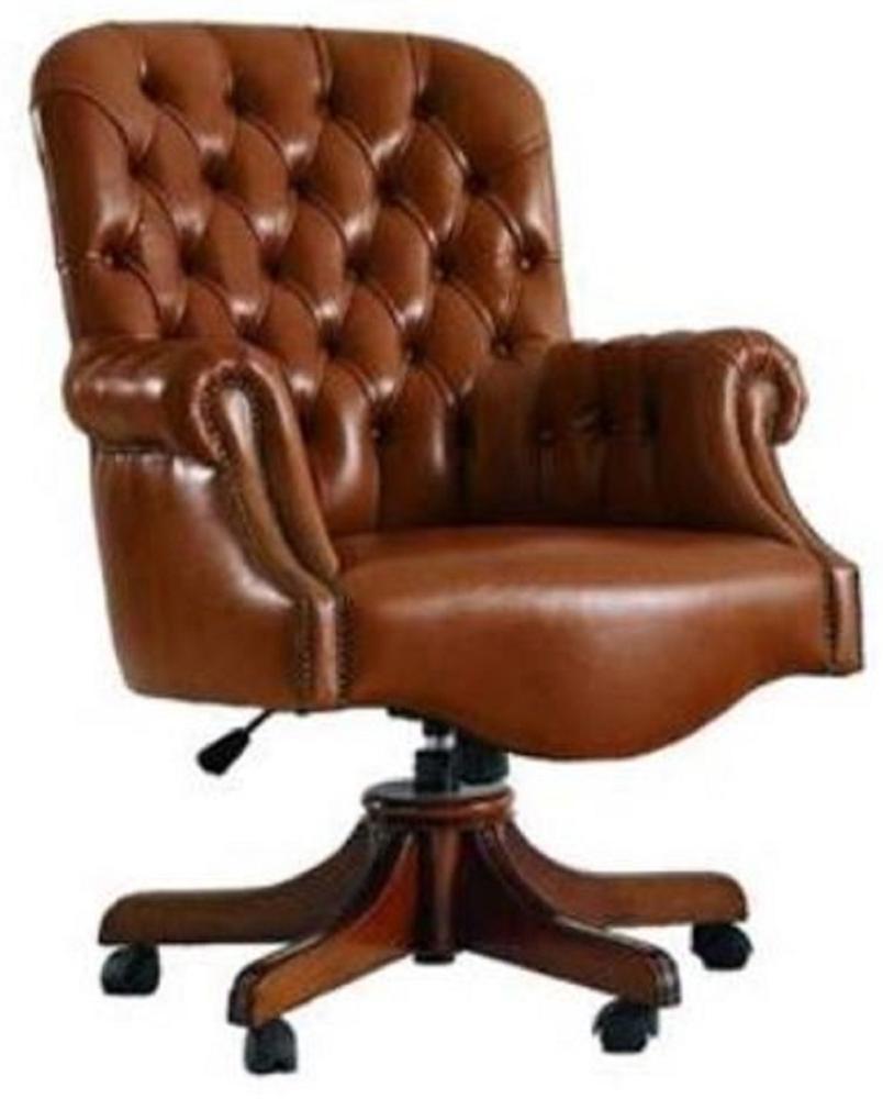 Casa Padrino Luxus Chesterfield Bürostuhl Braun 78 x 80 x H. 110-120 cm - Höhenverstellbarer Schreibtischstuhl mit Echtleder - Büromöbel - Chesterfield Möbel - Echtleder Möbel Bild 1