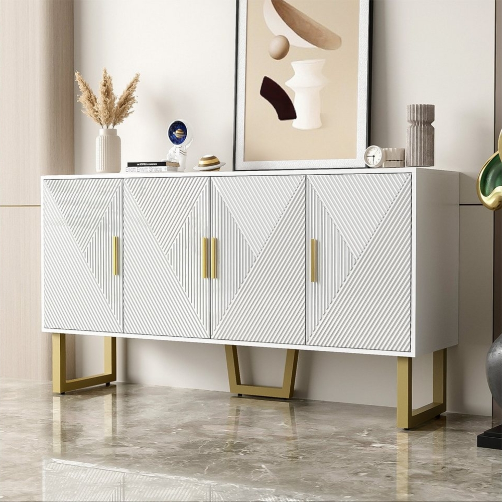 XDeer Kommode Sideboard mit Hochglänzenden Strukturierten Türen und Goldenen, Griffen Buffetschrank 4-Türen-Design Höhenverstellbare Regale Bild 1