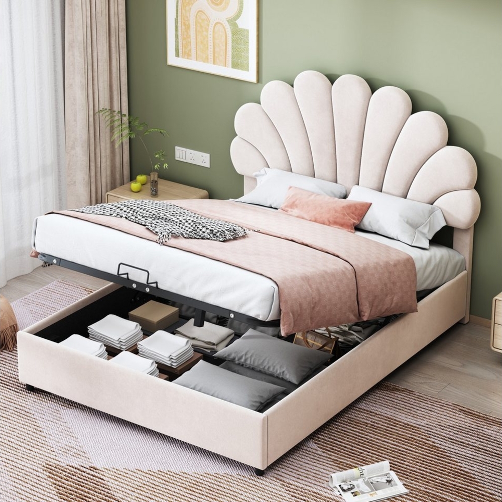 Merax Polsterbett mit höhenverstellbarem Kopfteil & floraler Rückenlehne (1-tlg), Hydraulisches Doppelbett 140x200cm mit hydraulischem Stauraum, Samt Bild 1