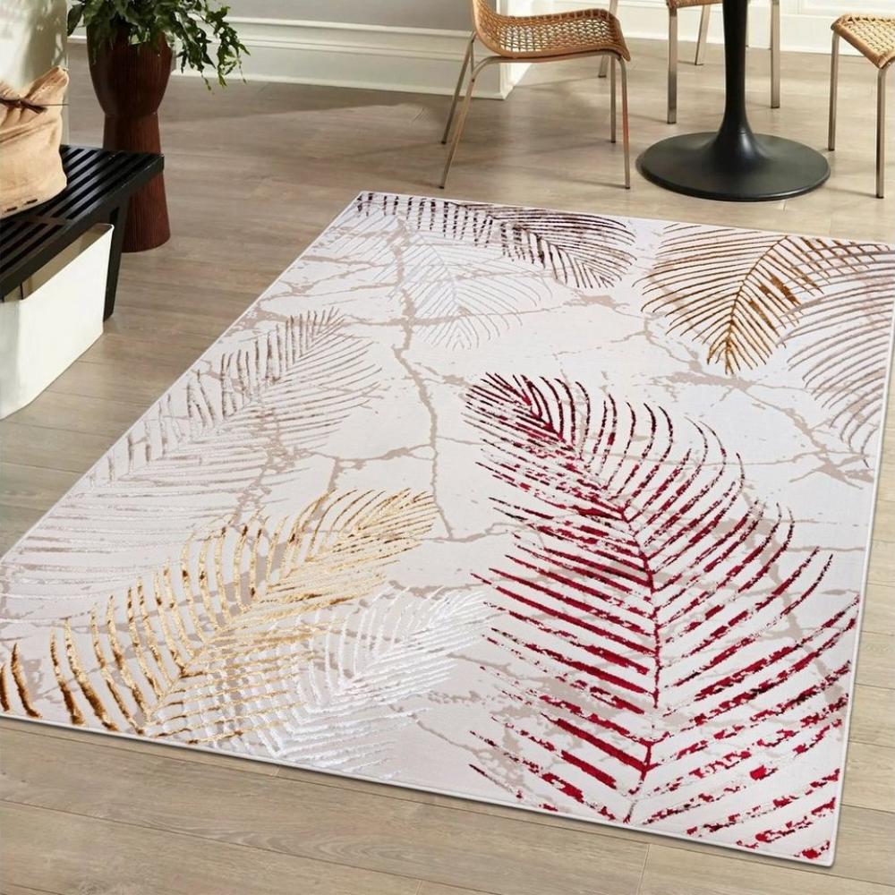 Mazovia Designteppich Modern Teppich für Wohnzimmer - Beige Creme mit Gold, 80 x 150 cm, Glänzende Abstrakt Marmor, Höhe 10 mm, Kurzflor - niedrige Florhöhe Bild 1