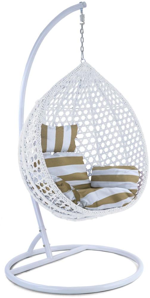 Luxus Hängesessel Style XL Polyrattan Korb und Gestell weiß Kissen braun weiß Bild 1