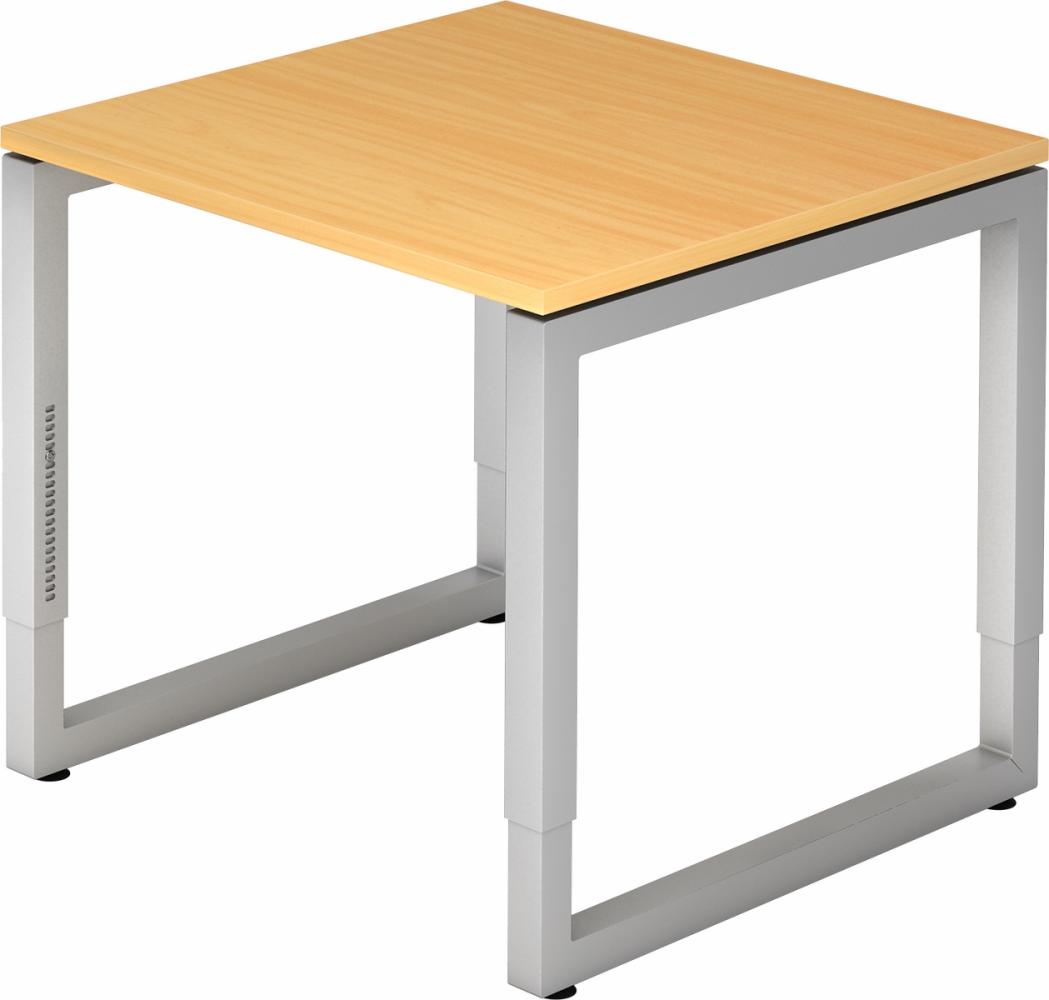 bümö höhenverstellbarer Schreibtisch R-Serie 80x80 cm in Buche, Gestell in Silber - PC Tisch klein für's Büro manuell höhenverstellbar, Computertisch verstellbar, RS-08-6-S Bild 1