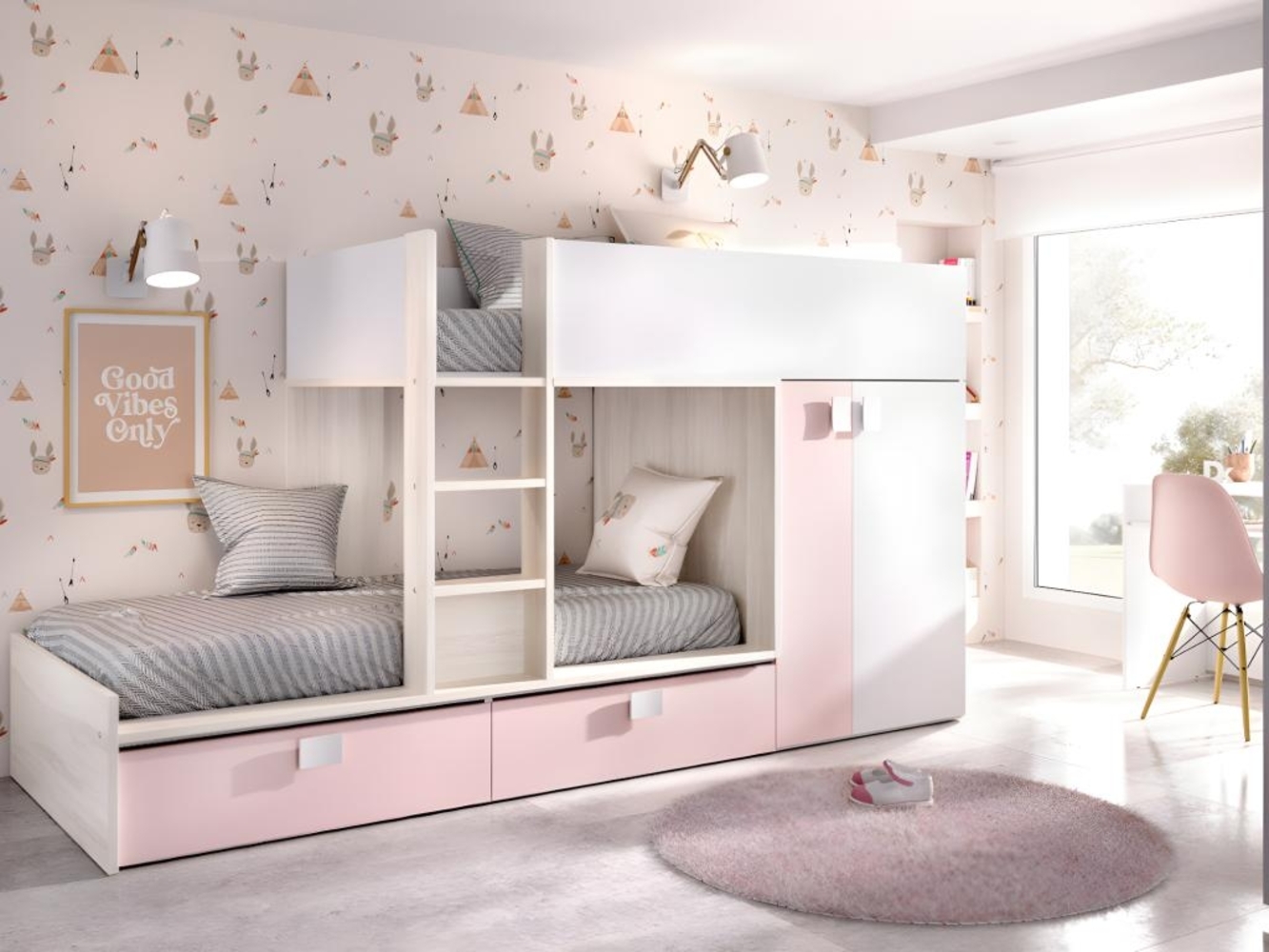 Vente-unique - Etagenbett mit Kleiderschrank - 2x 90 x 190 cm - Weiß, Naturfarben & Rosa - JUANITO Bild 1