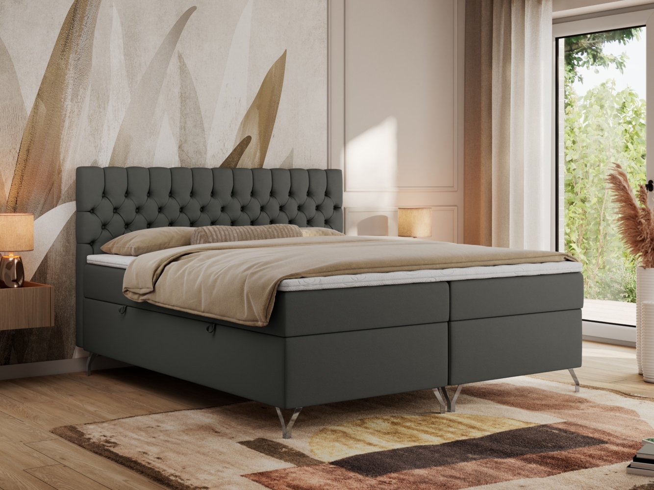 Boxspringbett mit Kopfteil und Topper, Polsterbett - GRIMALDI - 200 x 200 cm - Dunkelgrau Kunstleder - H4 Bild 1