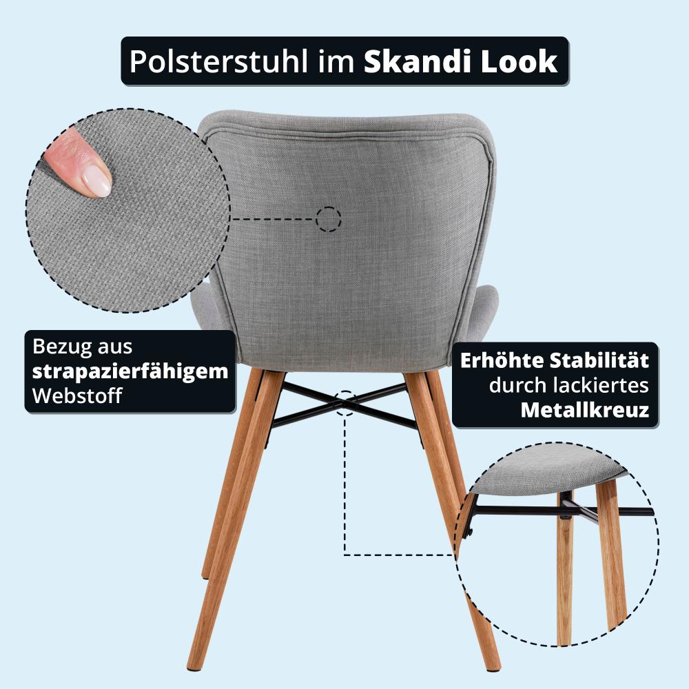 KHG Esszimmerstuhl Polsterstuhl 2er Set Küchenstuhl Skandi Look Hellgrau - Stuhlbeine Holz Eiche Massiv geölt - BHT 47 x 82 x 53 cm - 110 kg max. Belastbarkeit - ideal für Küche Büro Wohnzimmer Bild 1