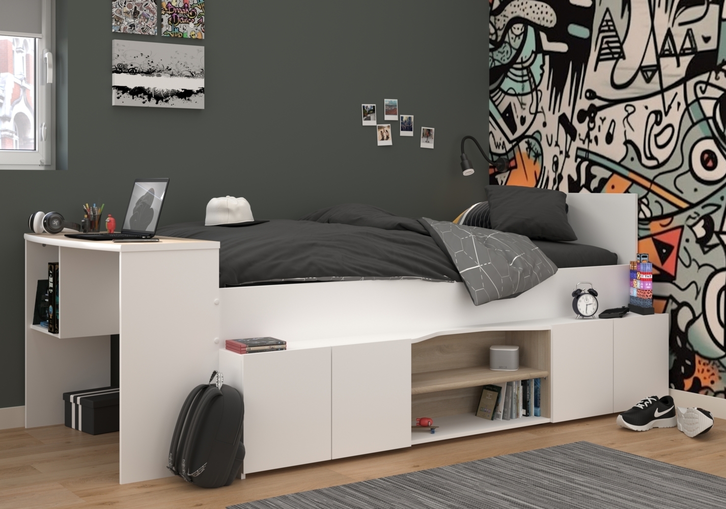 Hochbett >Cleo 1< Stauraum, Liegefl. 90x200, Weiss / Eiche Dekor - 241x116x90cm (LxBxH) Bild 1