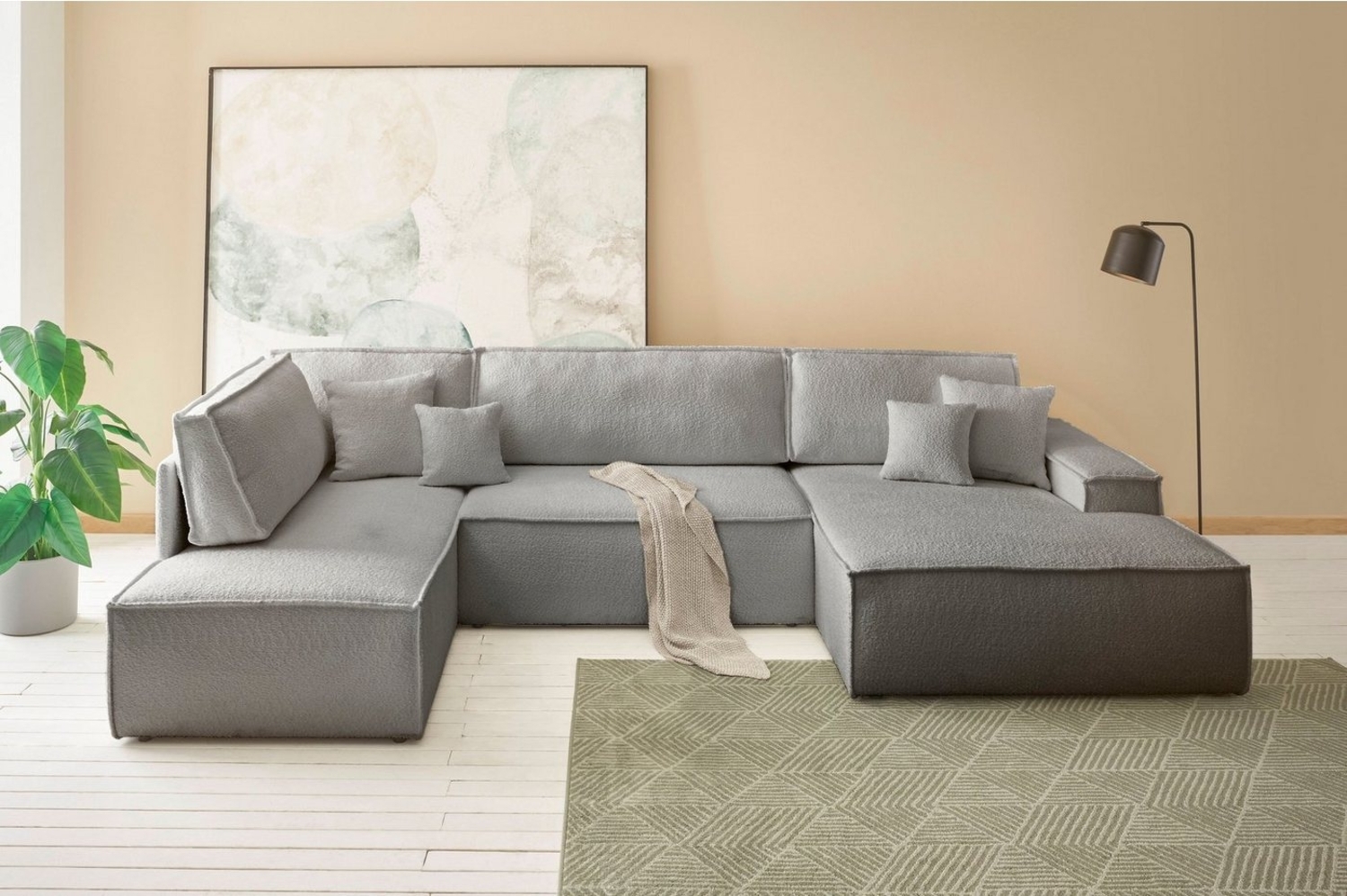 andas Wohnlandschaft FINNLEY U-Form XXL 329 cm, Schlafsofa, Schlaffunktion m. Bettkasten, (194/139 cm), Bouclé, Struktur und Cord Bild 1