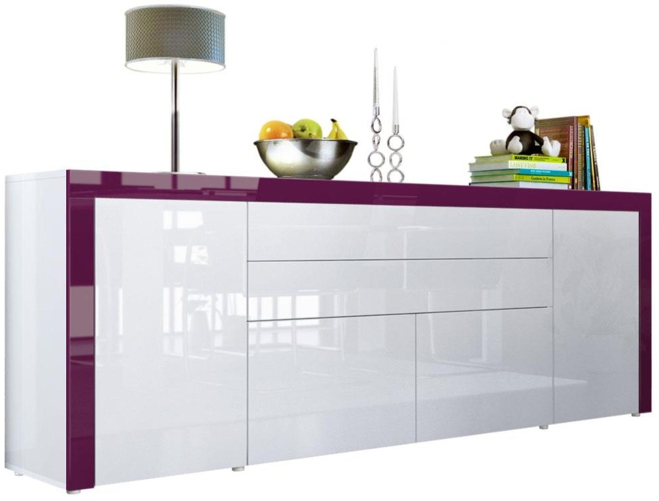 Vladon Sideboard La Paz V2, Kommode mit 2 Türen, 2 Schubkästen und 2 Klappen, Weiß Hochglanz/Weiß Hochglanz/Brombeer Hochglanz (200 x 72 x 35 cm) Bild 1