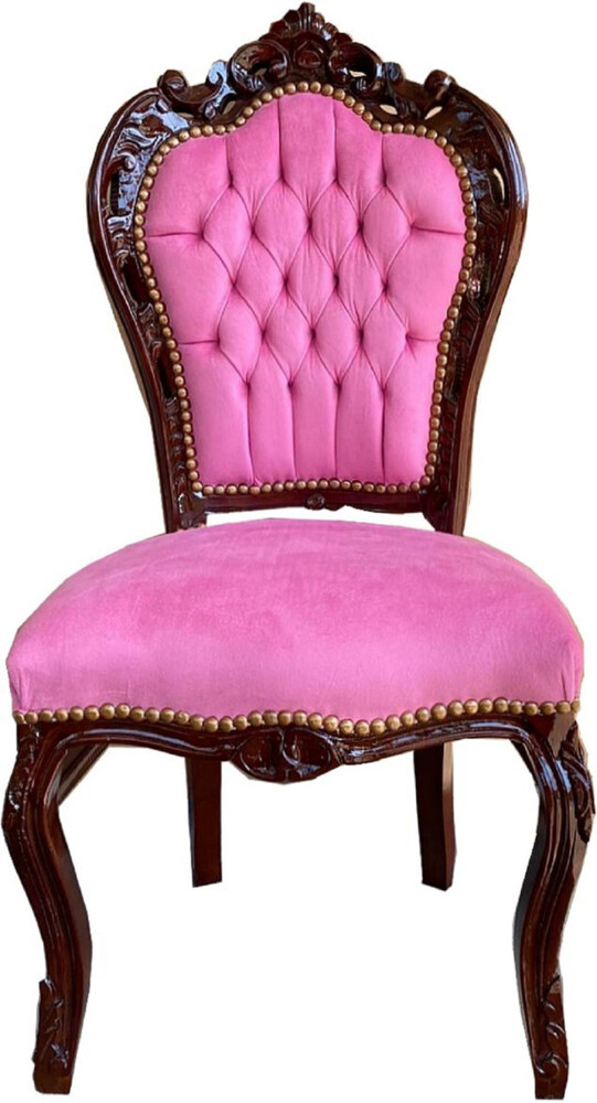 Casa Padrino Barock Esszimmerstuhl Rosa / Braun 53 x 57 x H. 108 cm - Handgefertigter Massivholz Küchenstuhl mit edlem Samtstoff - Barock Esszimmer Möbel Bild 1