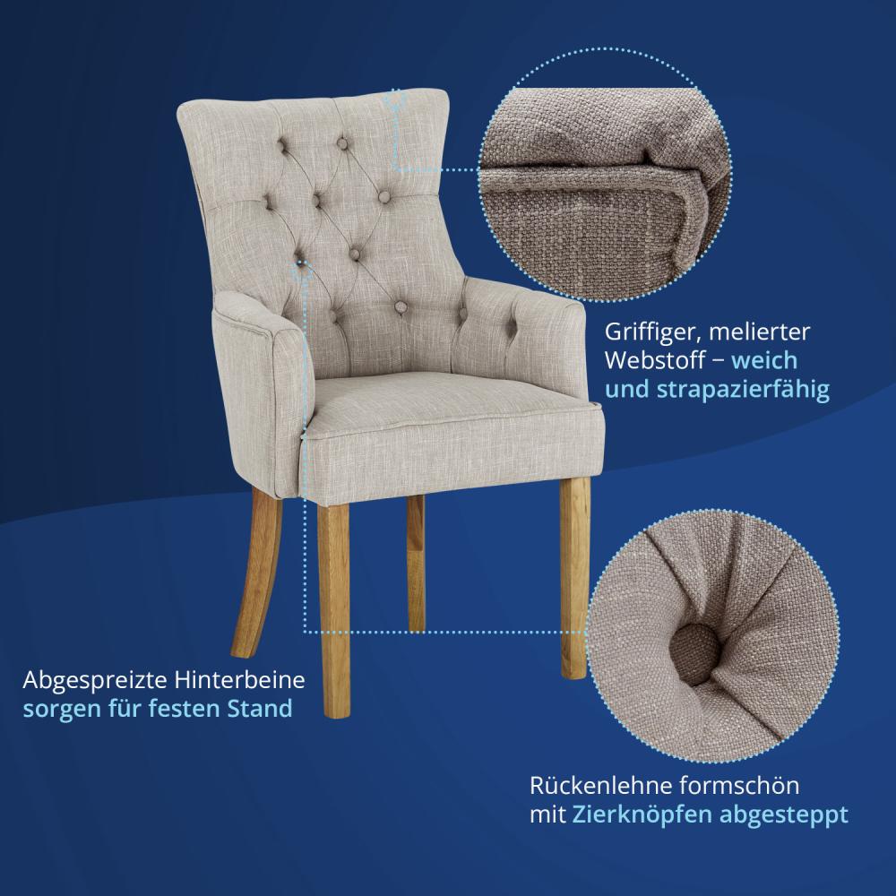 KHG 2er Set Esszimmerstühle Relax-Sessel grau Webstoff, große Armlehnen - Rückenlehne mit Zierknöpfen, Massivholz Stuhlbeine - Küchenstuhl, Design Stuhl Lounge Sessel Bild 1