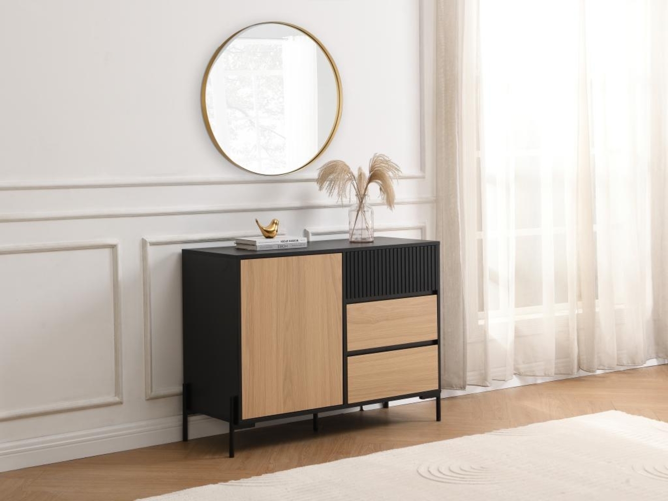 Vente-unique - Sideboard mit 1 Tür & 3 Schubladen - Schwarz & Holzfarben dunkel - GLARODI Bild 1