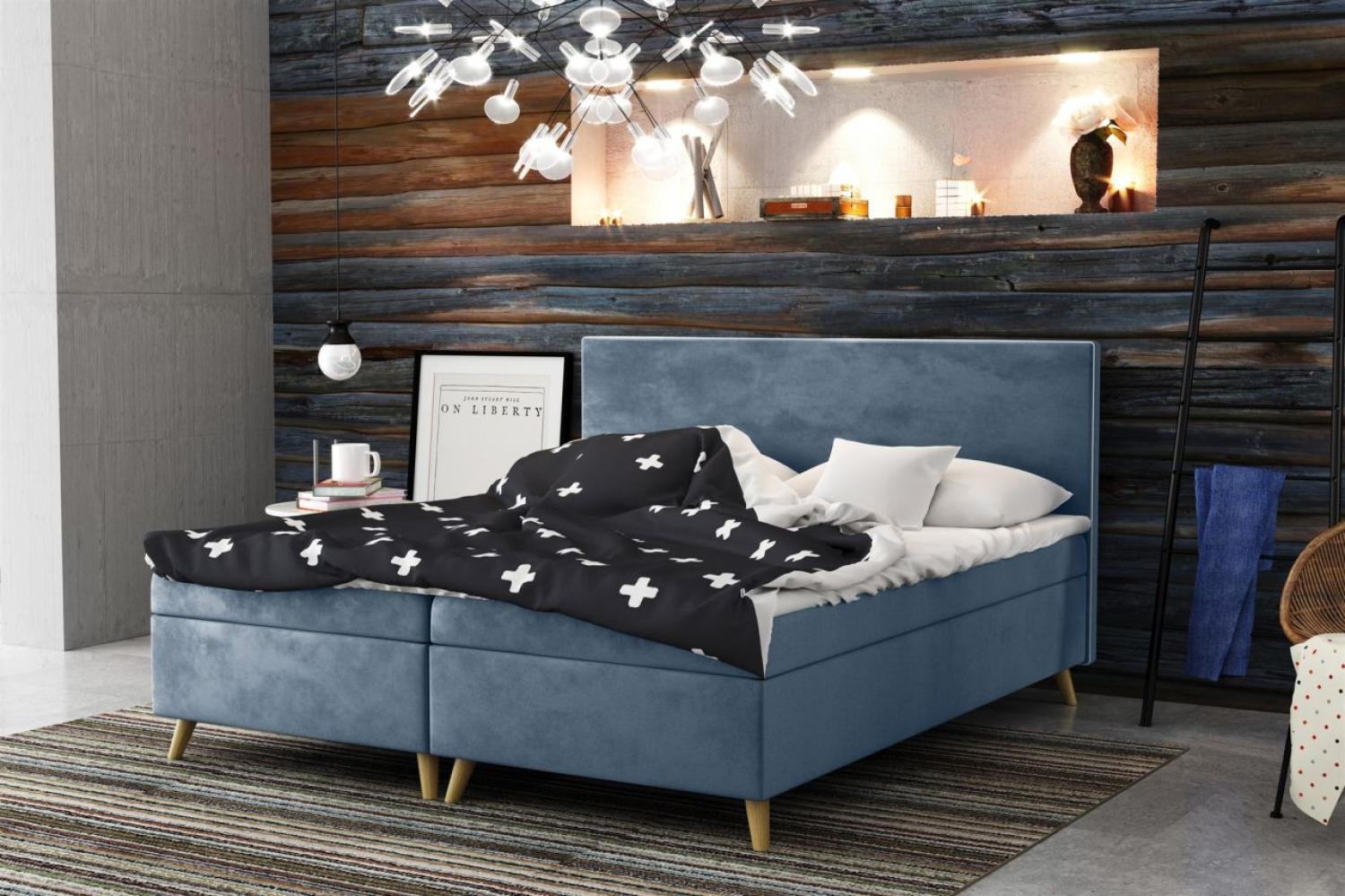 Boxspringbett Schlafzimmerbett Sileno 140x220cm in Stoff Riviera Blau Bild 1