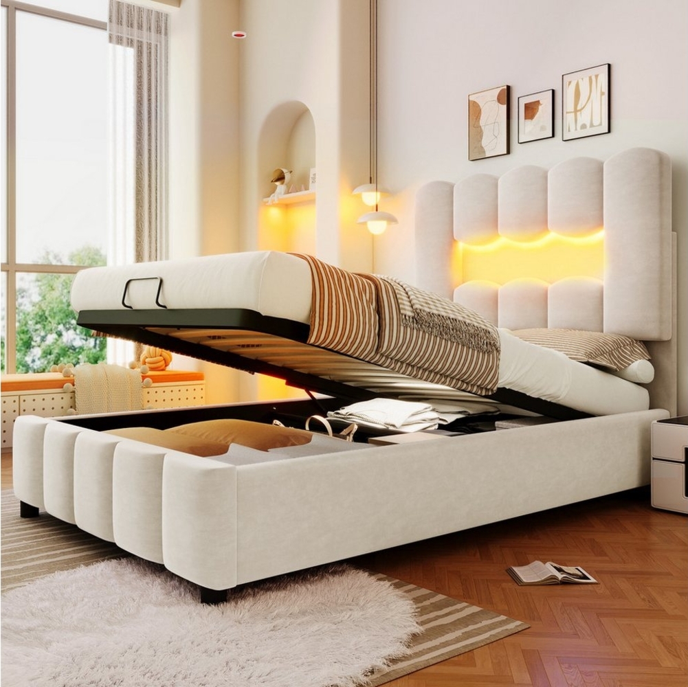 Merax Polsterbett 90x200cm mit LED-Beleuchtung (1-tlg, Jugendbett Gästebett Stauraumbett Mehrzweckbett), Kinderbett mit hydraulischem Stauraum & verstellbarem Kopfteil, Samt Bild 1