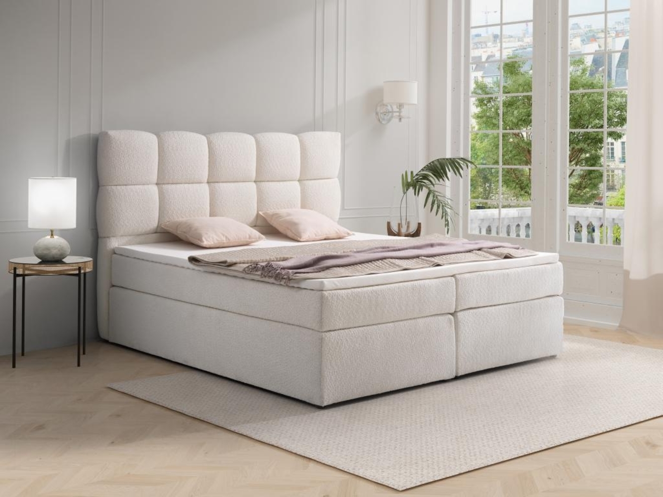 Vente-unique - Boxspringbett mit Bett-Kopfteil + Lattenroste + Matratzen + Topper - 2 x 80 x 200 cm - Bouclé-Stoff - Beige - MILLONA von YSMÉE Bild 1