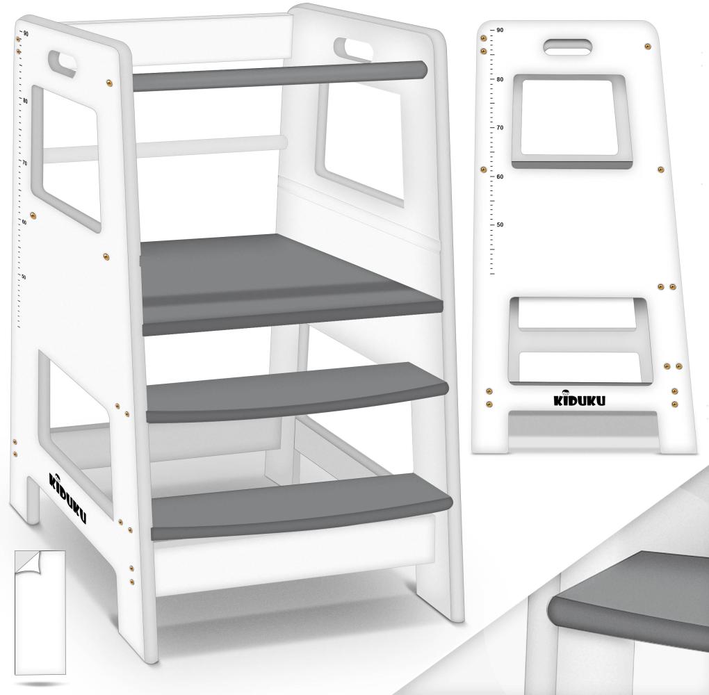 KIDUKU® Lernturm Weiß/Grau aus Holz ab 1 Jahr mit 4 Stück Antirutsch Pads | Montessori Kinder-Schemel für Kinder | Lerntower für höchste Sicherheit | Learning Tower für Mädchen & Jungen Bild 1