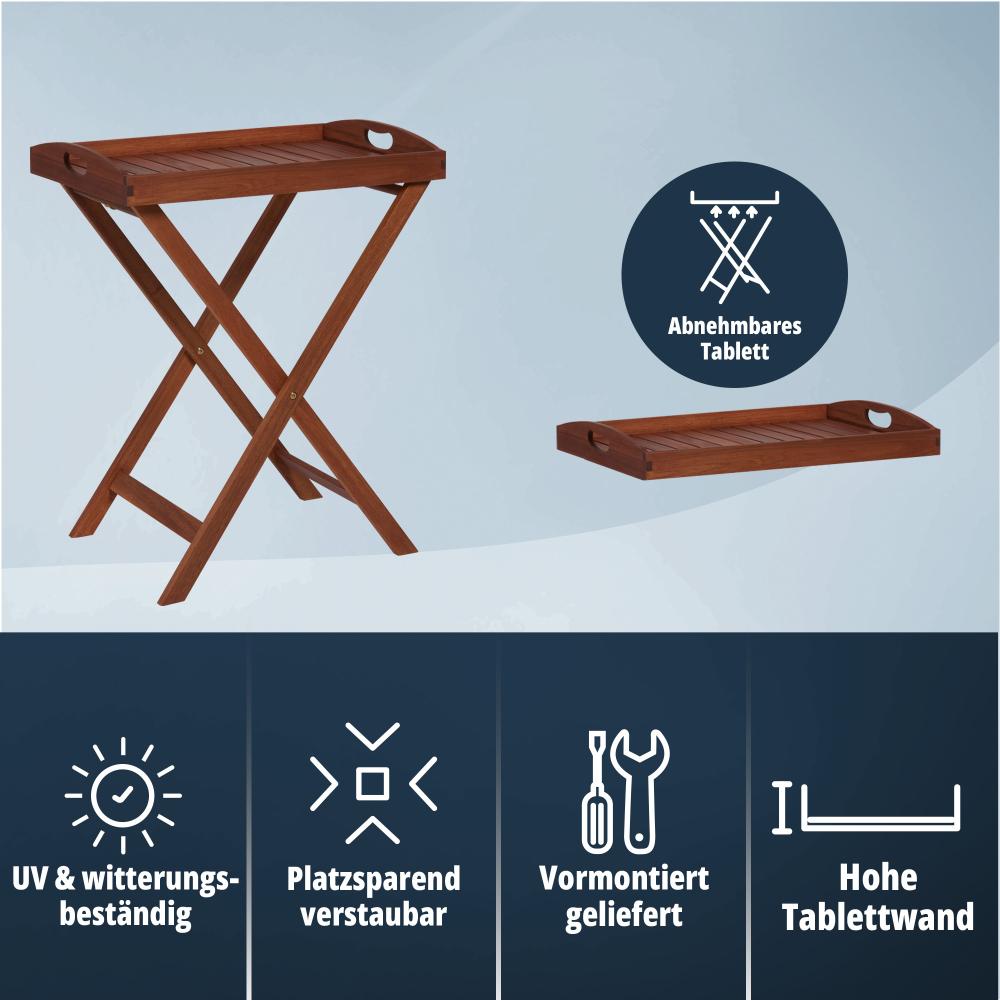 KHG Beistelltisch aus Akazien-Echtholz mit abnehmbarem Tablett mit Schüttrand, tragbar, klappbar, wetterfest, In- & Outdoor, Abstelltisch 20 kg belastbar, dunkelbraun Bild 1