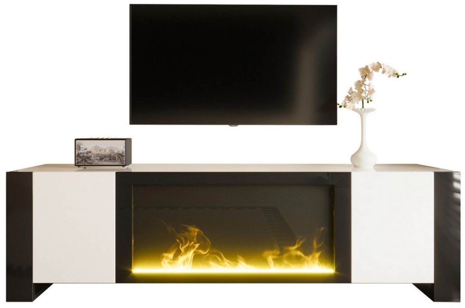 OKWISH Lowboard TV-Schrank mit Dekorativem Elektrokamin (TV-Board,Wohnzimmermöbel, Hochglanz-TV-Ständer, Fernsehschrank, 1 St, Zwei Türen), Hochglanz (keine Heizfunktion) Bild 1