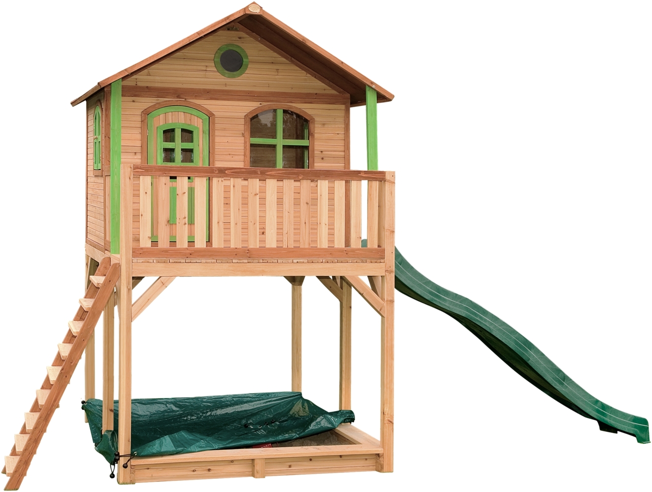 AXI Spielhaus Andy mit Sandkasten & grüner Rutsche Stelzenhaus in Braun & Grün aus FSC Holz für Kinder | Braun, Grün | Holz | 212 cm Bild 1