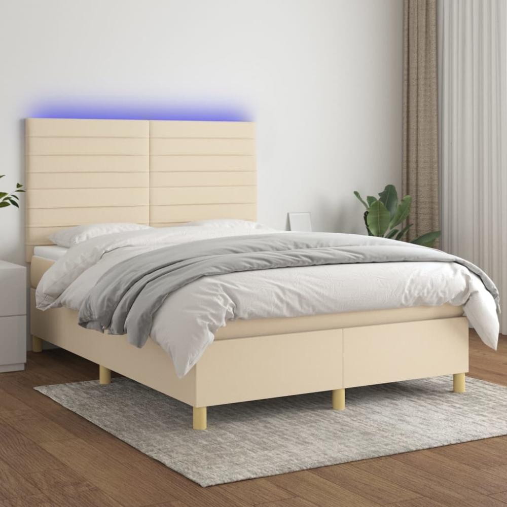 vidaXL Boxspringbett mit Matratze & LED Creme 140x190 cm Stoff 3135514 Bild 1