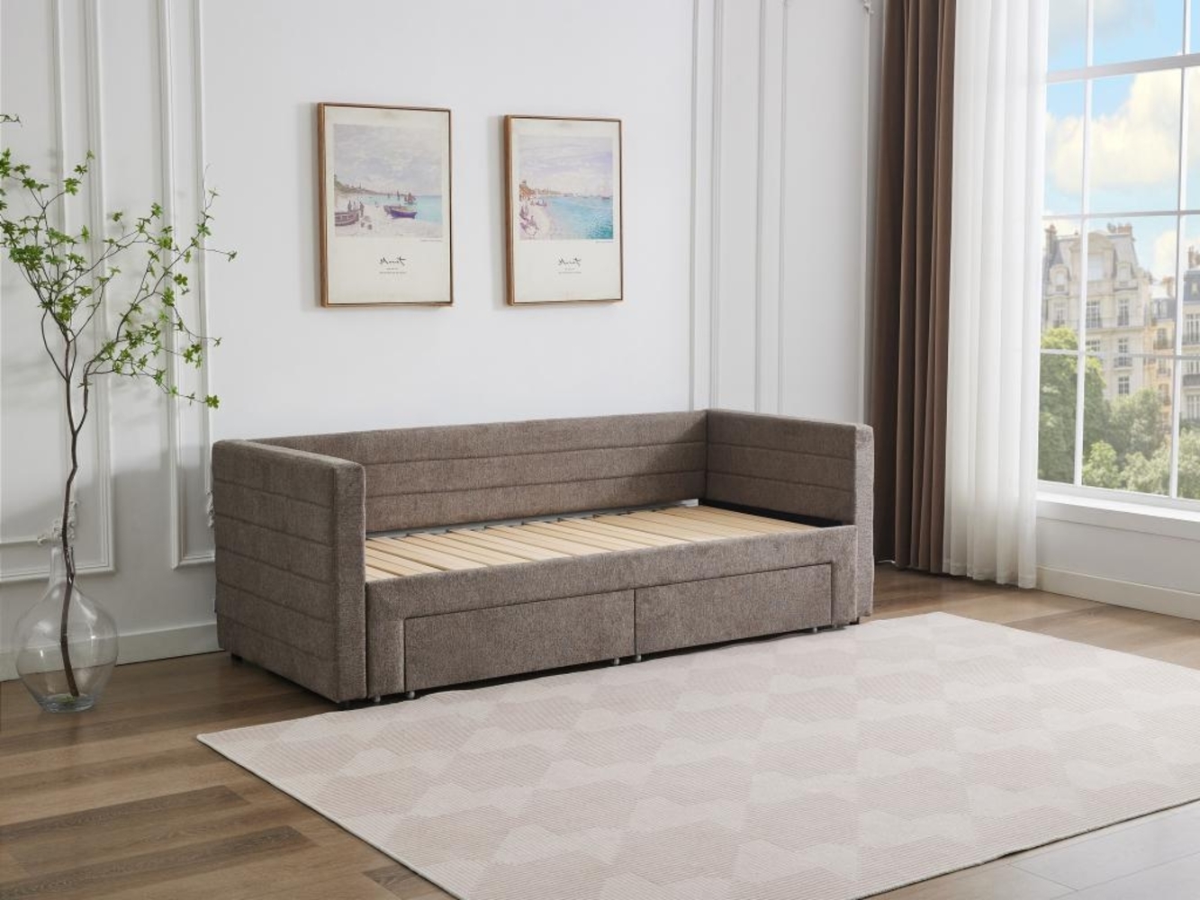 Vente-unique 'CAMITY' Ausziehbett mit ausziehbarem Lattenrost & Schubladen, Strukturstoff, Taupe, 2x 80 x 200 cm Bild 1