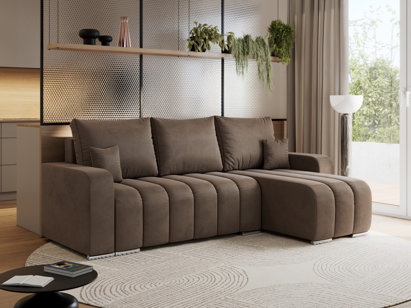 Universelles Ecksofa in Streifen genäht mit Schlaffunktion und Bettkasten, modern Stil - KIRASSO - Braun Velvet Bild 1