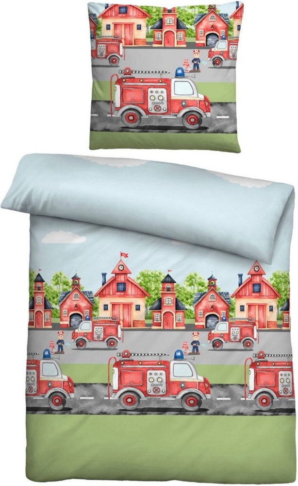 biberna Feinbiber Bettwäsche 0004523 FEUERWEHR, pistaziengrün, 1x 135x200 cm + 1x 80x80 cm Bild 1