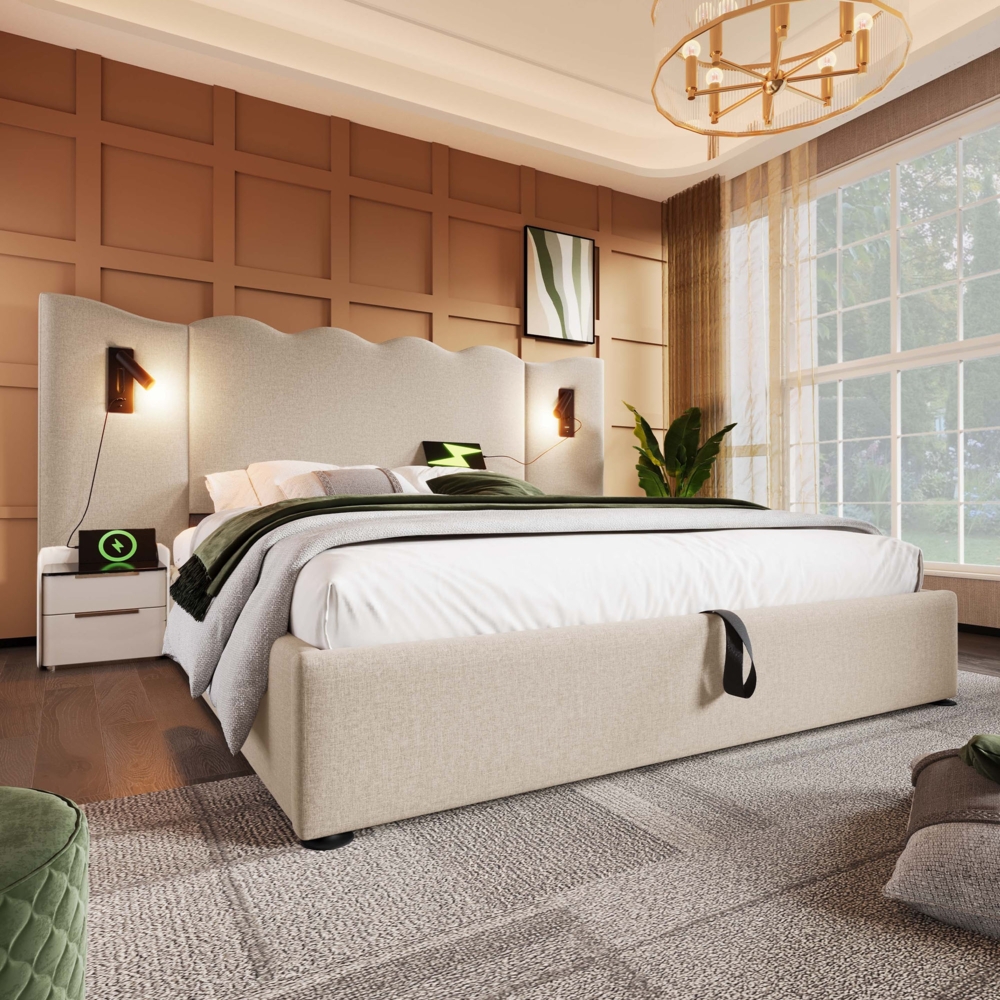 Polsterbett 180x200 cm Leinenstoff Wellenkopfteil mit Stauraum, USB/Type-C Ladefunktion & drehbarer Leselampe,beige Bild 1